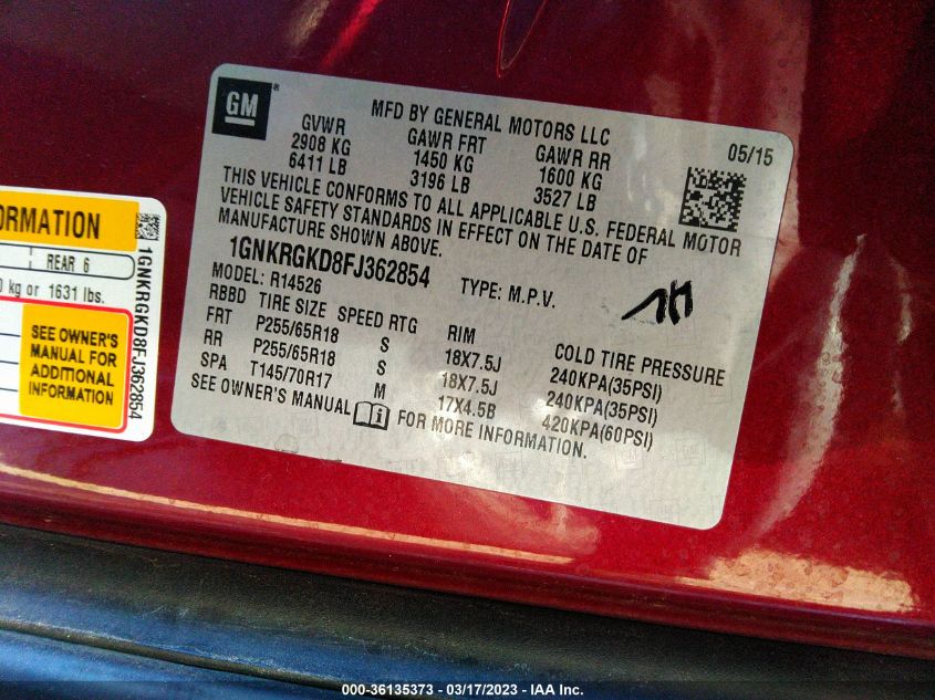 2015 CHEVROLET TRAVERSE LT - 1GNKRGKD8FJ362854