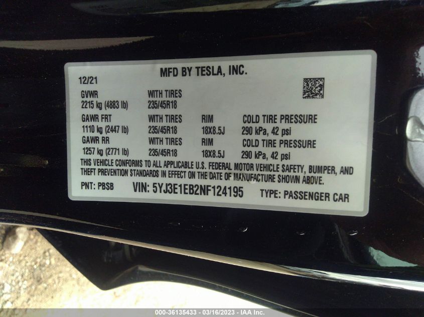 2022 TESLA MODEL 3 LONG RANGE - 5YJ3E1EB2NF124195