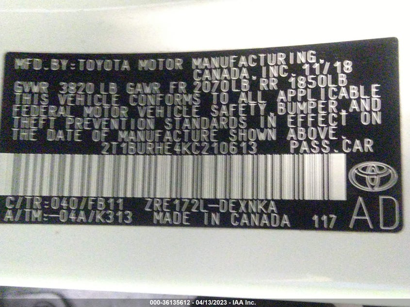 VIN 2T1BURHE4KC210613 2019 TOYOTA COROLLA LE