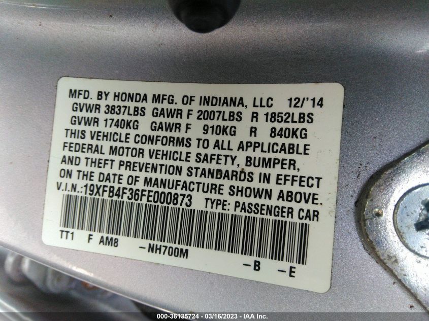 2015 HONDA CIVIC HYBRID - 19XFB4F36FE000873