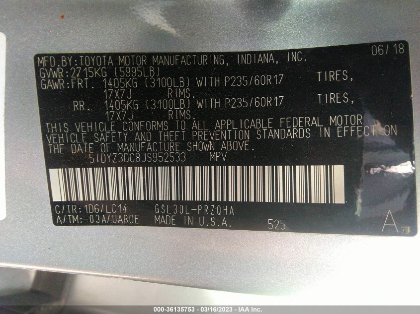 2018 TOYOTA SIENNA XLE AUTO ACCESS - 5TDYZ3DC8JS952533