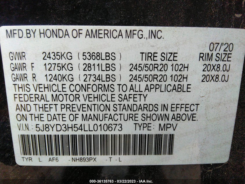 VIN 5J8YD3H54LL010673 2020 ACURA MDX W/TECHNOLOGY PKG