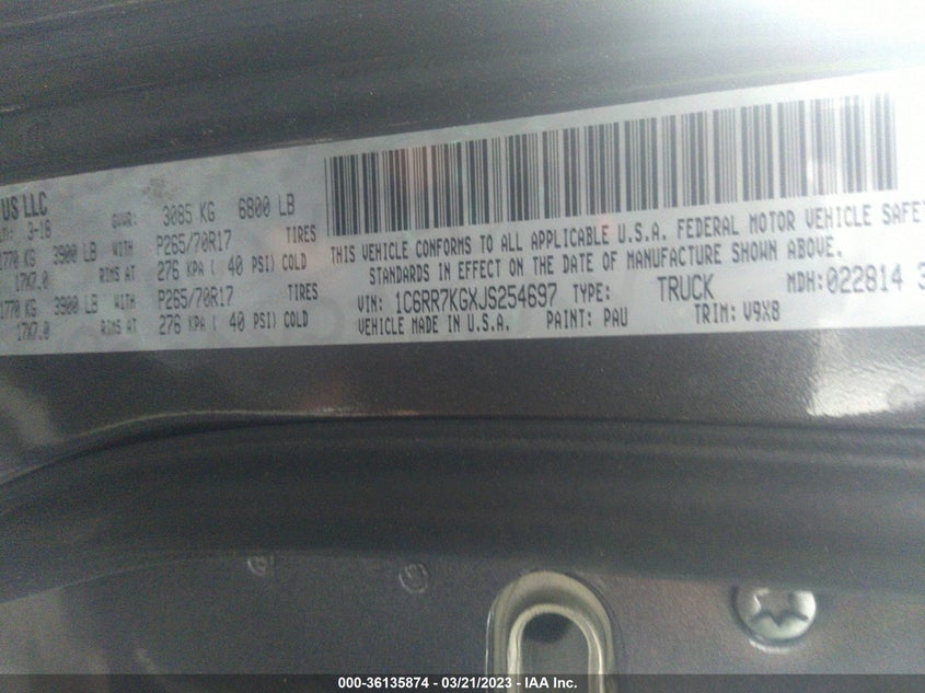 VIN 1C6RR7KGXJS254697 2018 RAM 1500 EXPRESS