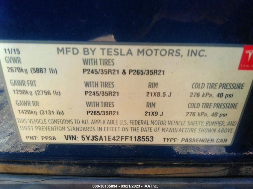 2015 TESLA MODEL S 85D/P85D/90D/P90D - 5YJSA1E42FF118553
