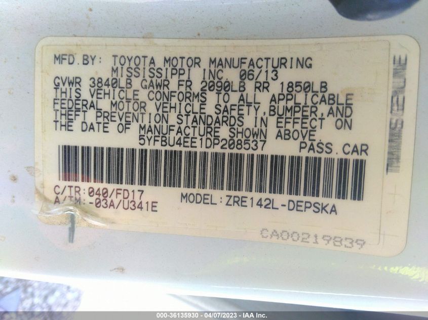 2013 TOYOTA COROLLA L/LE/S - 5YFBU4EE1DP208537