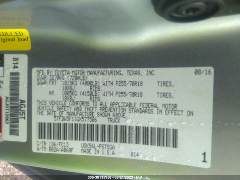 2016 TOYOTA TUNDRA 4WD TRUCK SR5/TRD PRO - 5TFDW5F11GX577506