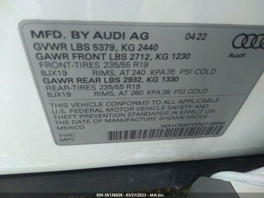 2022 AUDI Q5 PRESTIGE - WA1CBAFYXN2108948