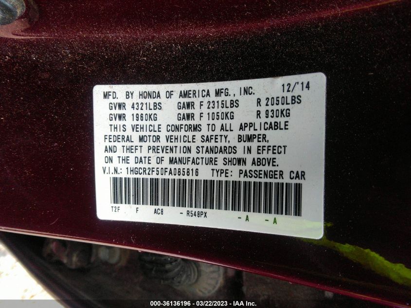 2015 HONDA ACCORD SEDAN SPORT - 1HGCR2F50FA085816