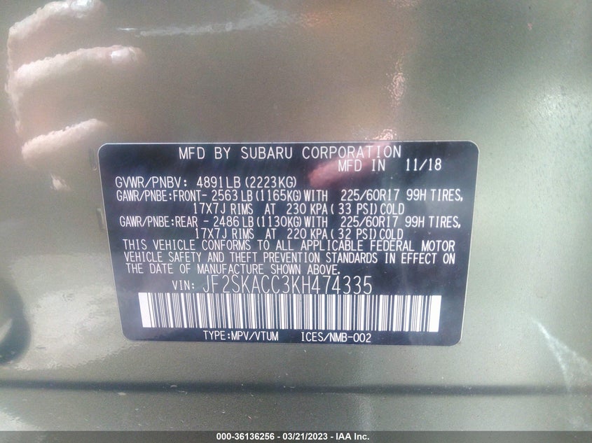 VIN JF2SKACC3KH474335 2019 SUBARU FORESTER