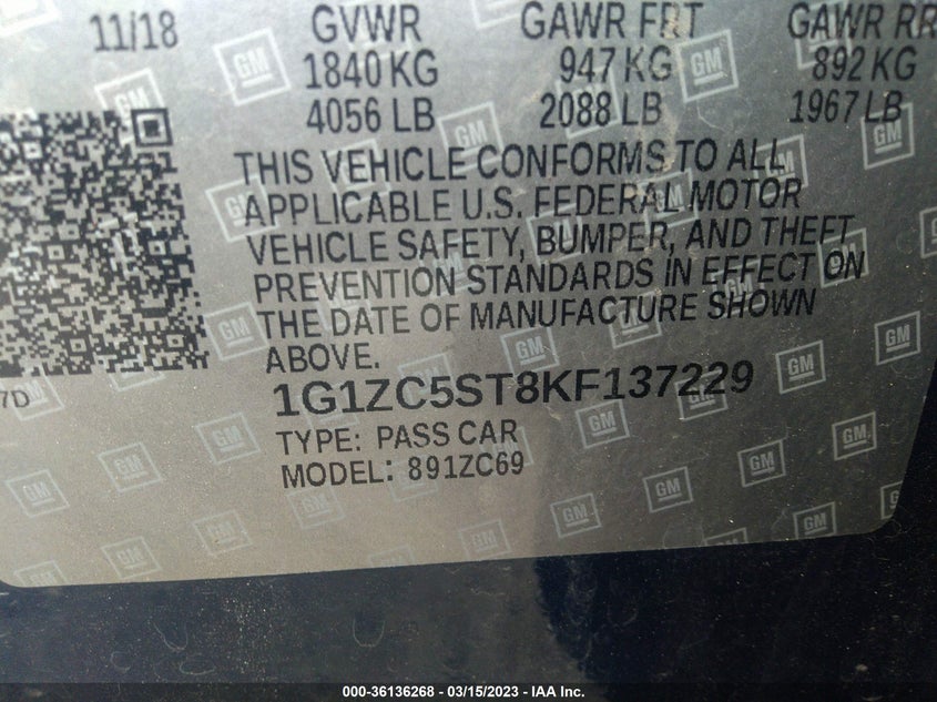 VIN 1G1ZC5ST8KF137229 2019 CHEVROLET MALIBU LS