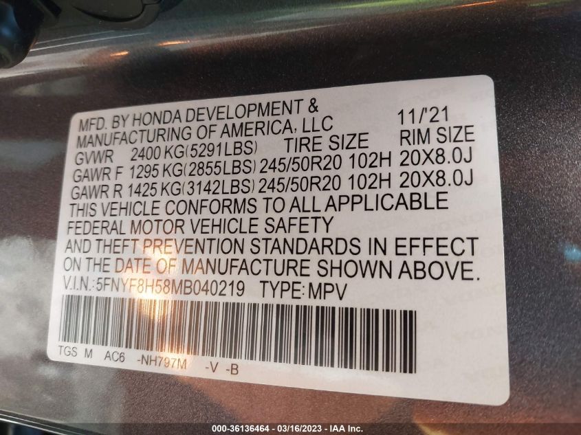 2021 HONDA PASSPORT EX-L 5FNYF8H58MB040219