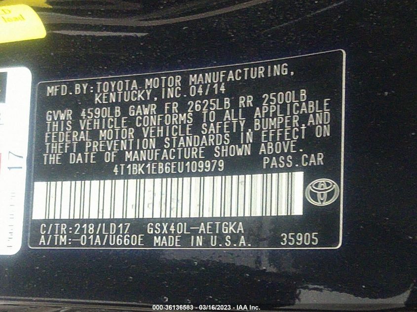 2014 TOYOTA AVALON LIMITED - 4T1BK1EB6EU109979
