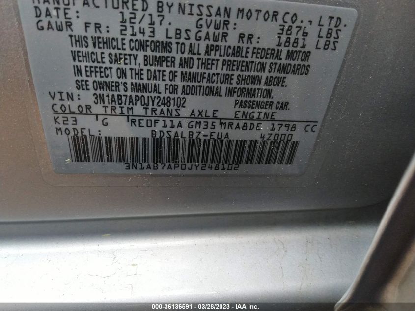 2018 NISSAN SENTRA S - 3N1AB7AP0JY248102