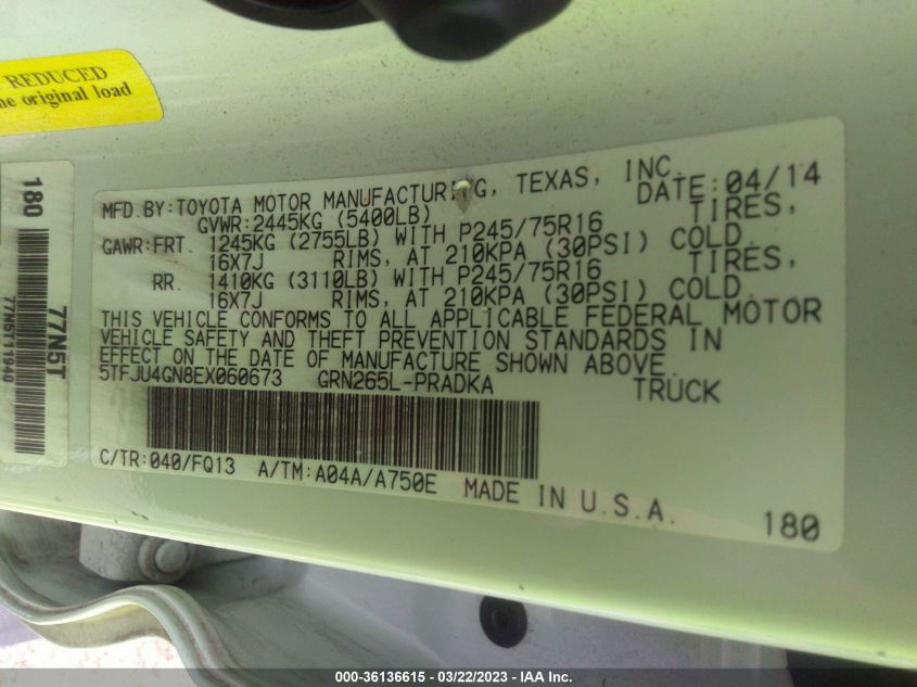 2014 TOYOTA TACOMA PRERUNNER - 5TFJU4GN8EX060673