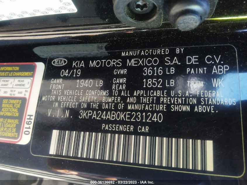 2019 KIA RIO S - 3KPA24AB0KE231240