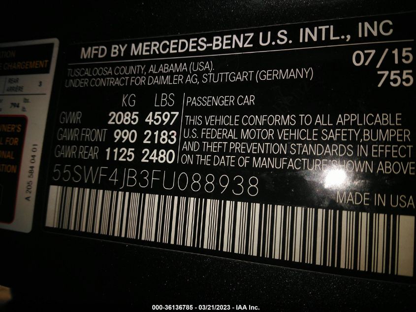 55SWF4JB3FU088938 2015 MERCEDES-BENZ C-CLASS, photo no. 9