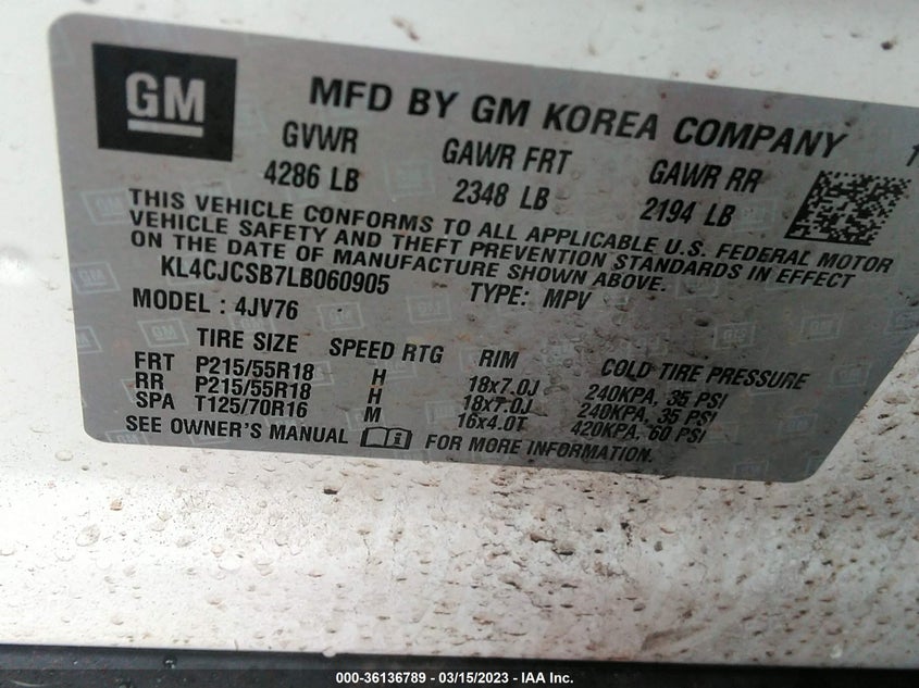 VIN KL4CJCSB7LB060905 2020 BUICK ENCORE ESSENCE