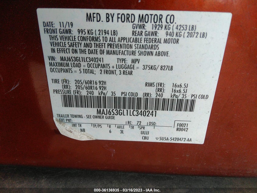 VIN MAJ6S3GL1LC340241 2020 FORD ECOSPORT SE