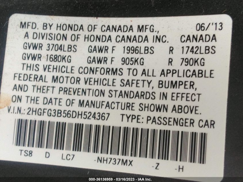 2013 HONDA CIVIC CPE LX 2HGFG3B56DH524367