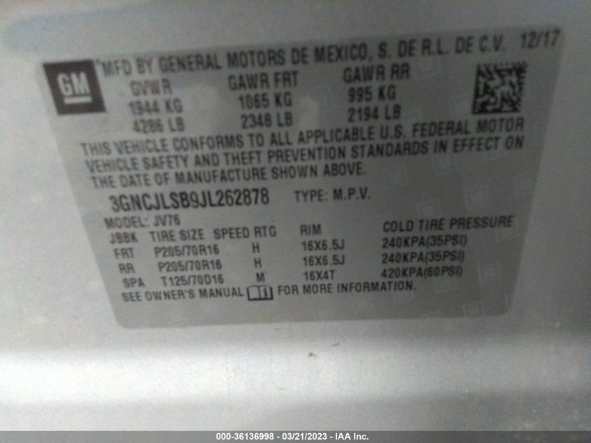 VIN 3GNCJLSB9JL262878 2018 CHEVROLET TRAX LT