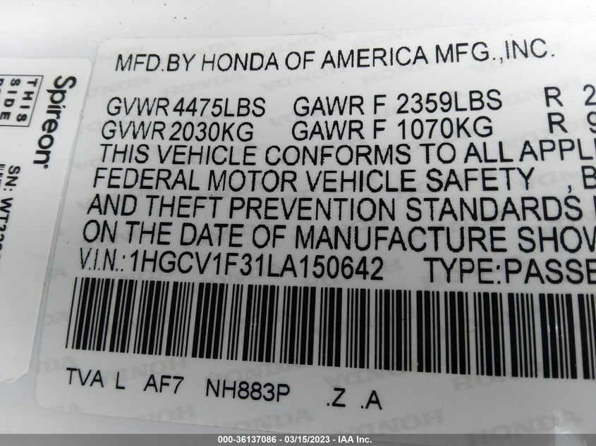 VIN 1HGCV1F31LA150642 2020 HONDA ACCORD SEDAN SPORT