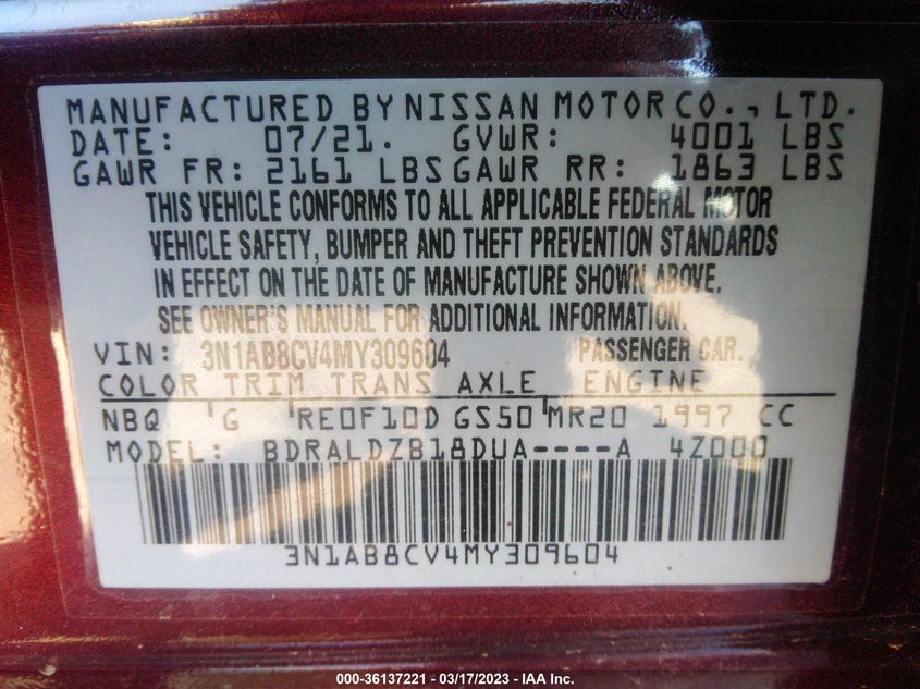 VIN 3N1AB8CV4MY309604 2021 NISSAN SENTRA SV