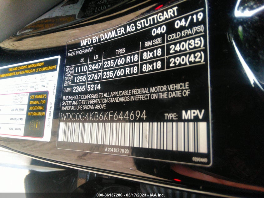 VIN WDC0G4KB6KF644694 2019 MERCEDES-BENZ GLC