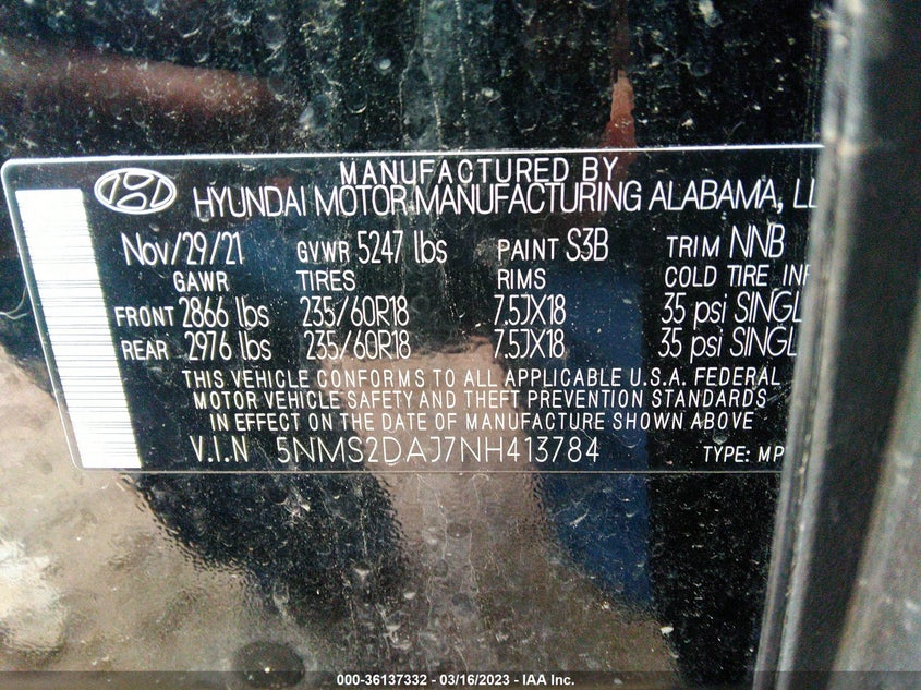 VIN 5NMS2DAJ7NH413784 2022 HYUNDAI SANTA FE SEL