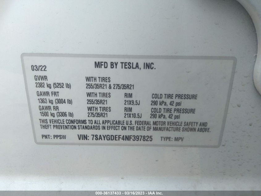 2022 TESLA MODEL Y PERFORMANCE - 7SAYGDEF4NF397825