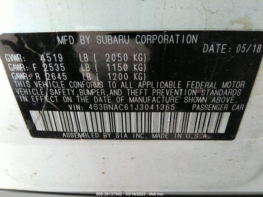 VIN 4S3BNAC61J3041365 2018 SUBARU LEGACY PREMIUM