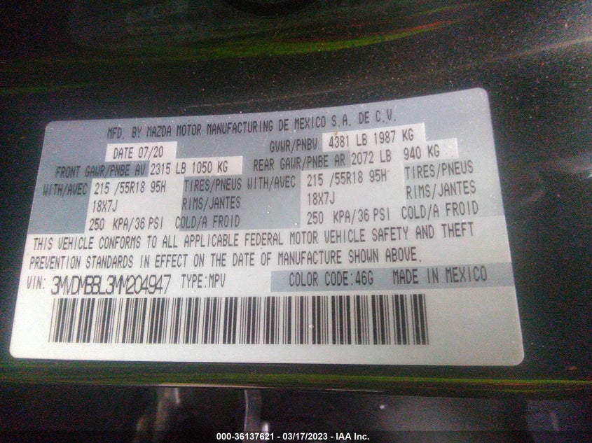 VIN 3MVDMBBL3MM204947 2021 MAZDA CX-30 SELECT