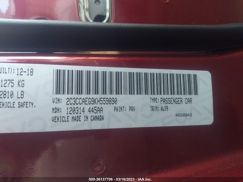 VIN 2C3CCAEG9KH559890 2019 CHRYSLER 300 LIMITED