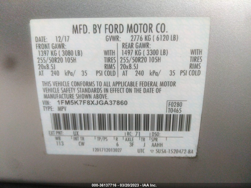 VIN 1FM5K7F8XJGA37860 2018 FORD EXPLORER LIMITED