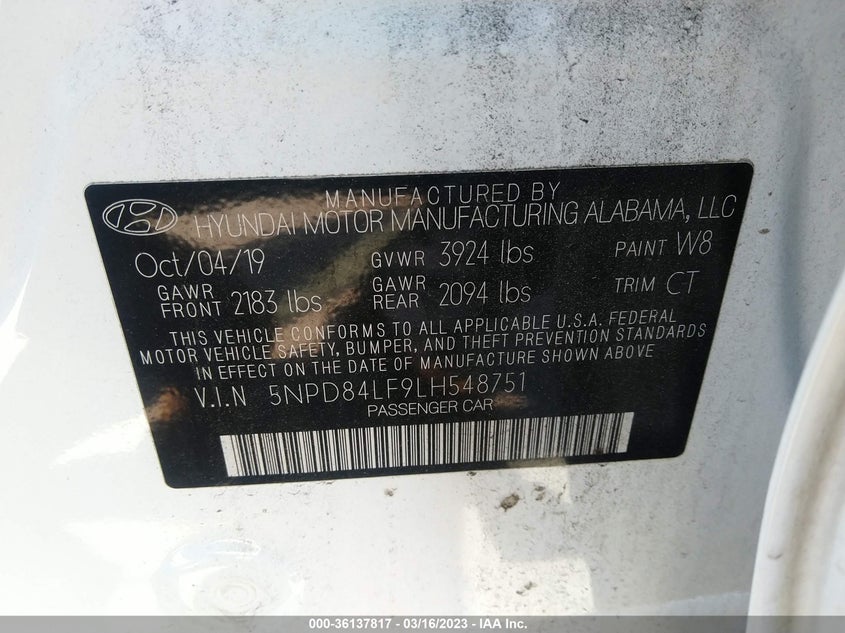 VIN 5NPD84LF9LH548751 2020 HYUNDAI ELANTRA SEL