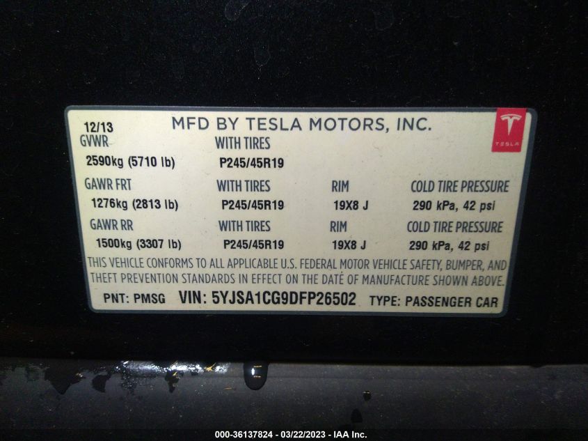2013 TESLA MODEL S - 5YJSA1CG9DFP26502