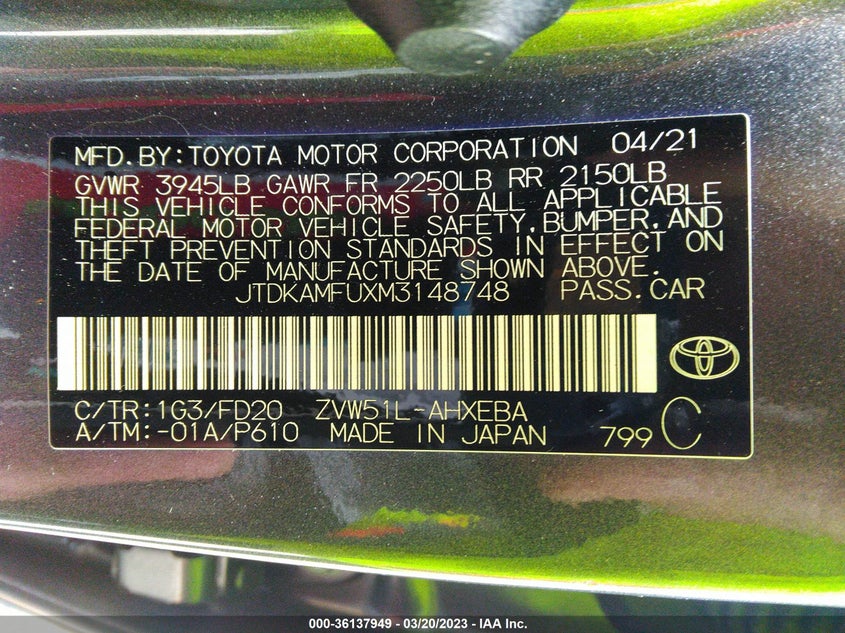 VIN JTDKAMFUXM3148748 2021 TOYOTA PRIUS L