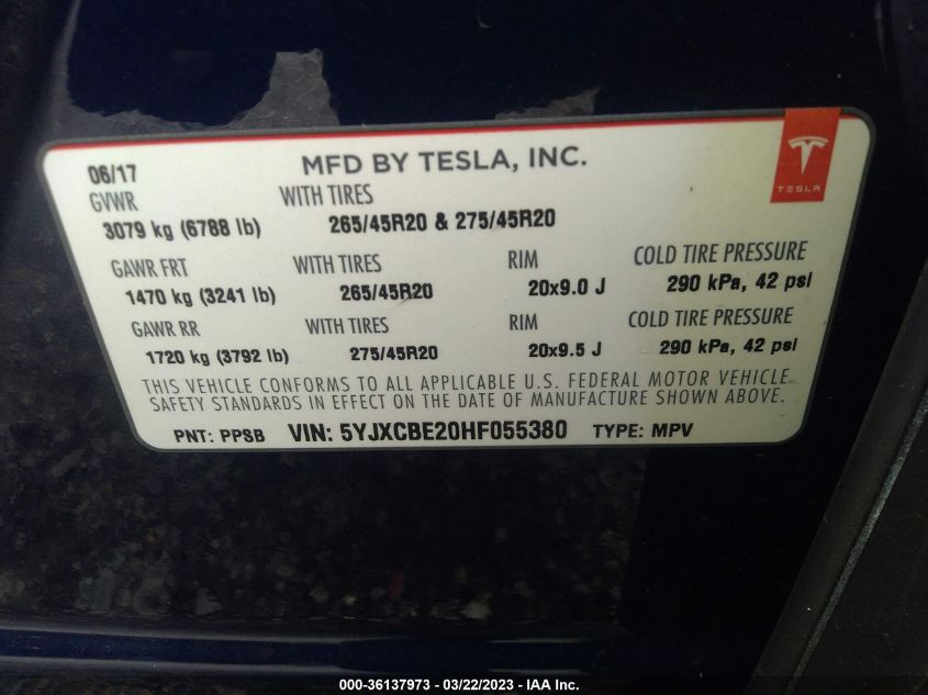 2017 TESLA MODEL X 90D/75D/100D - 5YJXCBE20HF055380