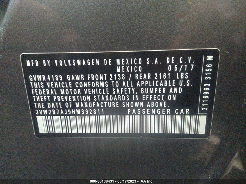 VIN 3VW2B7AJ9HM392811 2017 VOLKSWAGEN JETTA 1.4T S