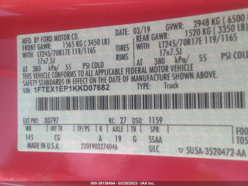VIN 1FTEX1EP1KKD07682 2019 FORD F-150 XL