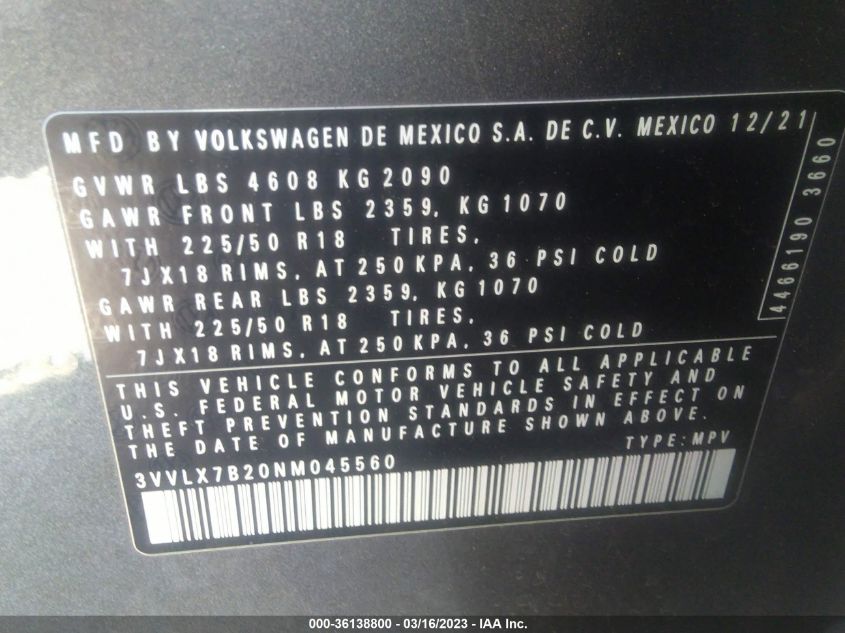 2022 VOLKSWAGEN TAOS SE - 3VVLX7B20NM045560