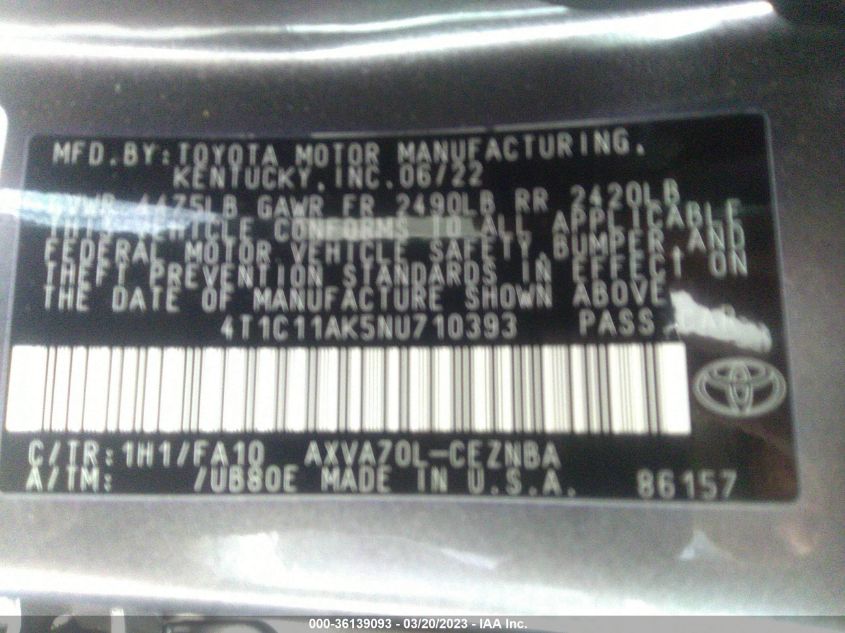 4T1C11AK5NU710393 Toyota Camry LE 9