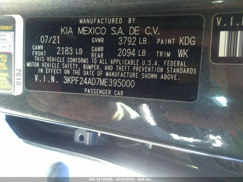 VIN 3KPF24AD7ME395000 2021 KIA FORTE LXS