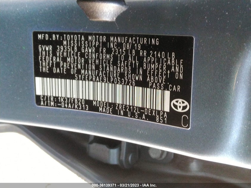 VIN 5YFEPRAE9LP053726 2020 TOYOTA COROLLA LE