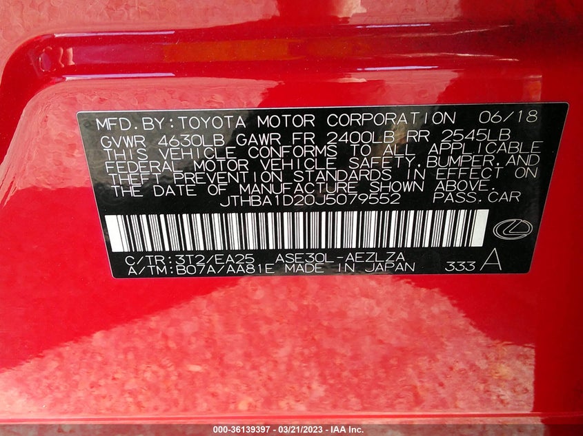 VIN JTHBA1D20J5079552 2018 LEXUS IS IS 300