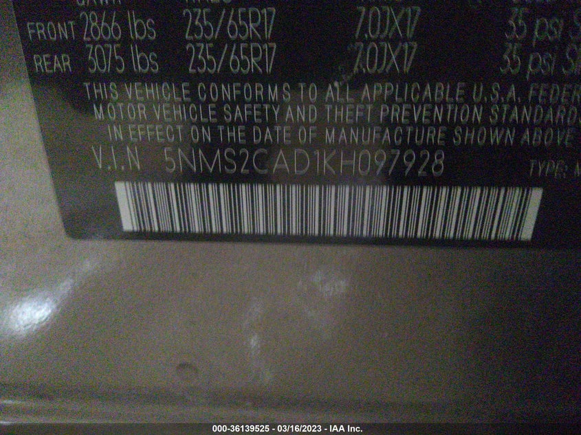 VIN 5NMS2CAD1KH097928 2019 HYUNDAI SANTA FE SE