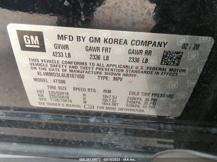 VIN KL4MMDSL6LB107450 2020 BUICK ENCORE GX SELECT