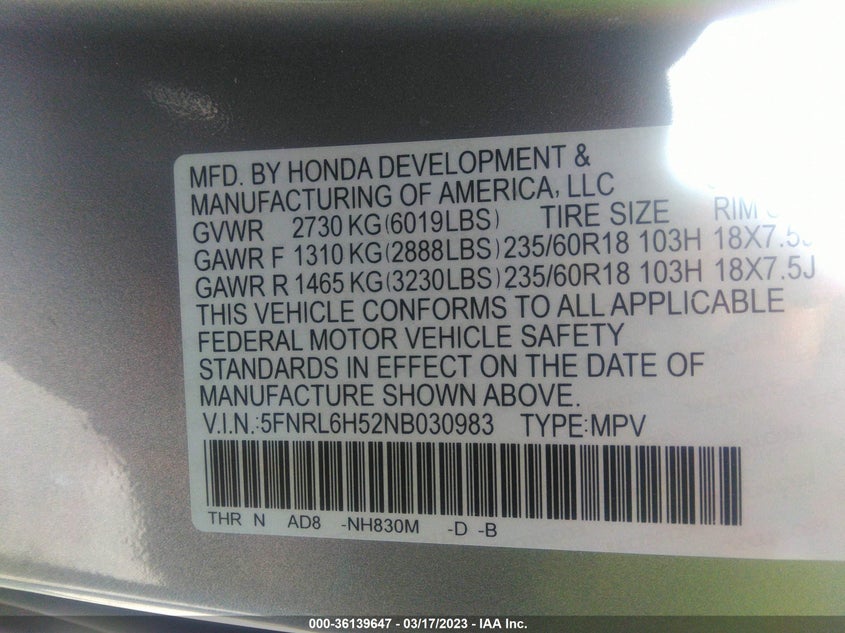 VIN 5FNRL6H52NB030983 2022 HONDA ODYSSEY EX