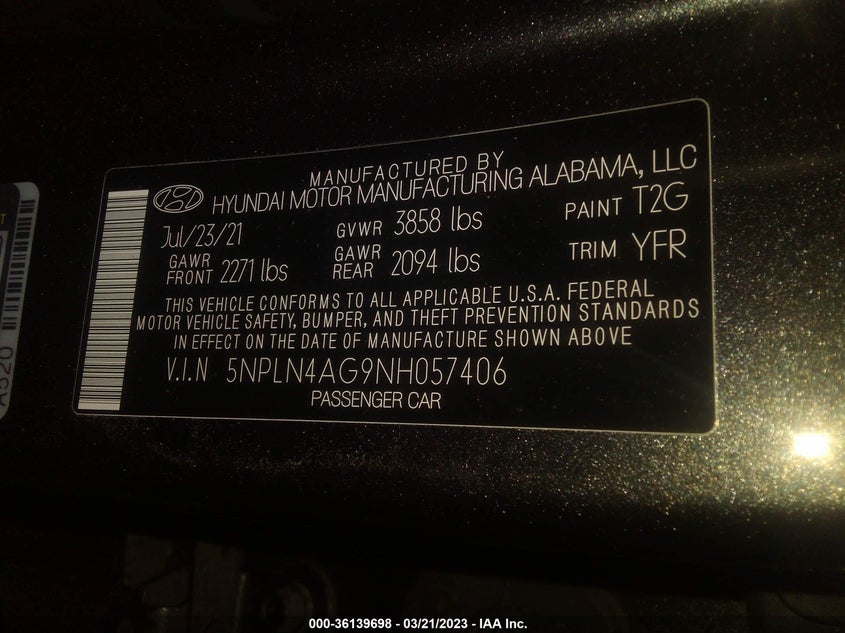 VIN 5NPLN4AG9NH057406 2022 HYUNDAI ELANTRA SEL