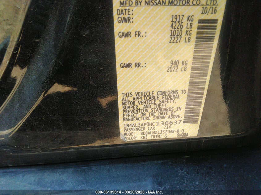 VIN 1N4AL3AP0HC136637 2017 NISSAN ALTIMA 2.5 SV