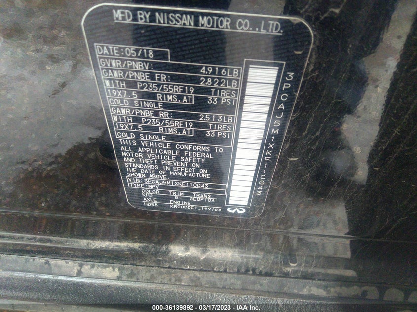VIN 3PCAJ5M1XKF110043 2019 INFINITI QX50 PURE